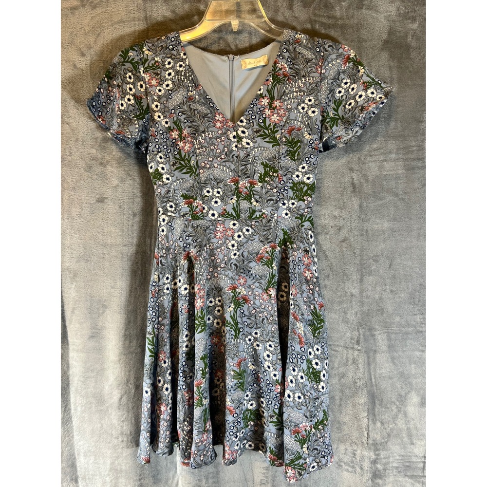 Attard State XS Blue Floral Print V‎ Neck Short Sleeve Fit & Flare Mini Dress
